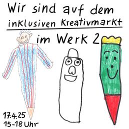 Drei gezeichnete Stift-Figuren nebeneinander: Ein Mensch im blauen Anzug mit roten Streifen, ein mit schwarzen Linien gezeichnetes Rechteck mit lachendem Gesicht und eine Figur mit lachendem Gesicht und gelbem Haar.