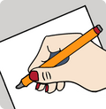Das Logo zeigt eine Hand mit einem Stift über einem Blatt Papier.