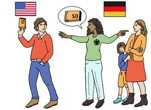 Unter einer Fahne von Amerika geht ein Mann. Er hält 50-Euro-Scheine in der Hand. Unter der Fahne von Deutschland stehen eine Frau und ein Kind. Zwischen ihnen steht eine Frau vom Bundesamt für Justiz. Sie greift nach dem Geld und zeigt auf die Frau.