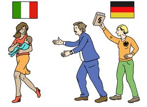 Unter einer Fahne von Italien läuft eine Frau mit einem kleinen Kind im Arm. Ein Mann läuft mit ausgestreckten Arme hinter ihr her. Hinter steht eine Frau vom Bundesamt und hält ein Gesetzbuch hoch.