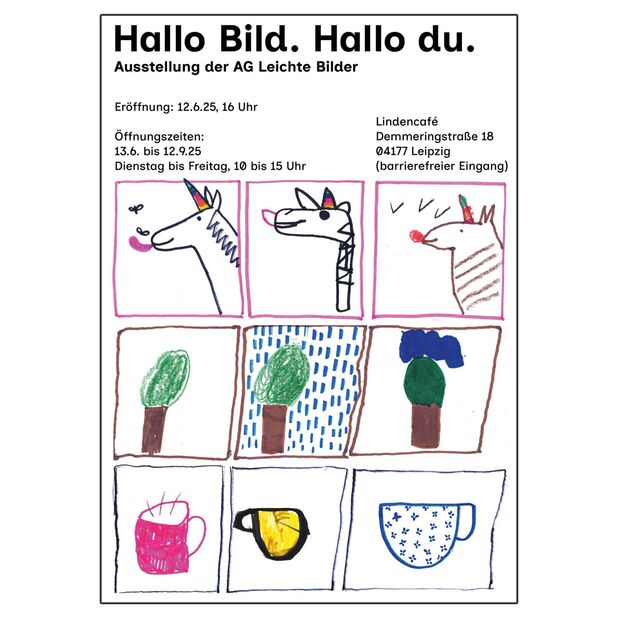 Unter den Informationen zur Ausstellung sind neun Bildfelder in drei Reihen angeordnet. Die oberste Reihe zeigt je ein Einhorn, die mittlere je einen Baum und die untere je eine Tasse. Die Motive variieren jeweils leicht.