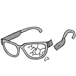 eine Brille mit zerbrochenem Glas und abgebrochenem Bügel