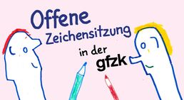 Auf rosafarbenem Grund sind mit blauen Umrisslinien zwei Köpfe gezeichnet. Sie sehen sich an und lächeln. Der eine hat rotes, der andere gelbes kurzes Haar. Zwischen ihnen zwei Stifte.