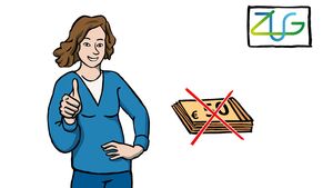 Eine Frau mit mittellangem braunen Haar in einem blauen Pullover hebt den Daumen. Sie lächelt. Neben ihr durchgestrichene Geldscheine und das Logo der Zukunft-Umwelt-Gesellschaft.