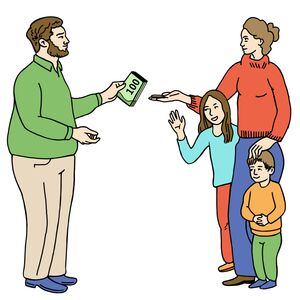 Vier Menschen stehen sich gegenüber. Ein Mann mit Bart hält 100-Euro-Scheine in der Hand.  Er gibt die Scheine einer Frau. Zwei Kinder stehen eng neben der Frau.  Die Kinder lächeln.  Das Mädchen winkt.
