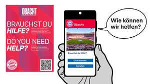 Ein Plakat der Aktion Obacht, das einen QR-Code zeigt, über den man Hilfe rufen kann. Daneben eine Hand, die ein Smartphone hält, das die Obacht-App zeigt. Dazu eine Sprechblase: Wie können wir helfen?