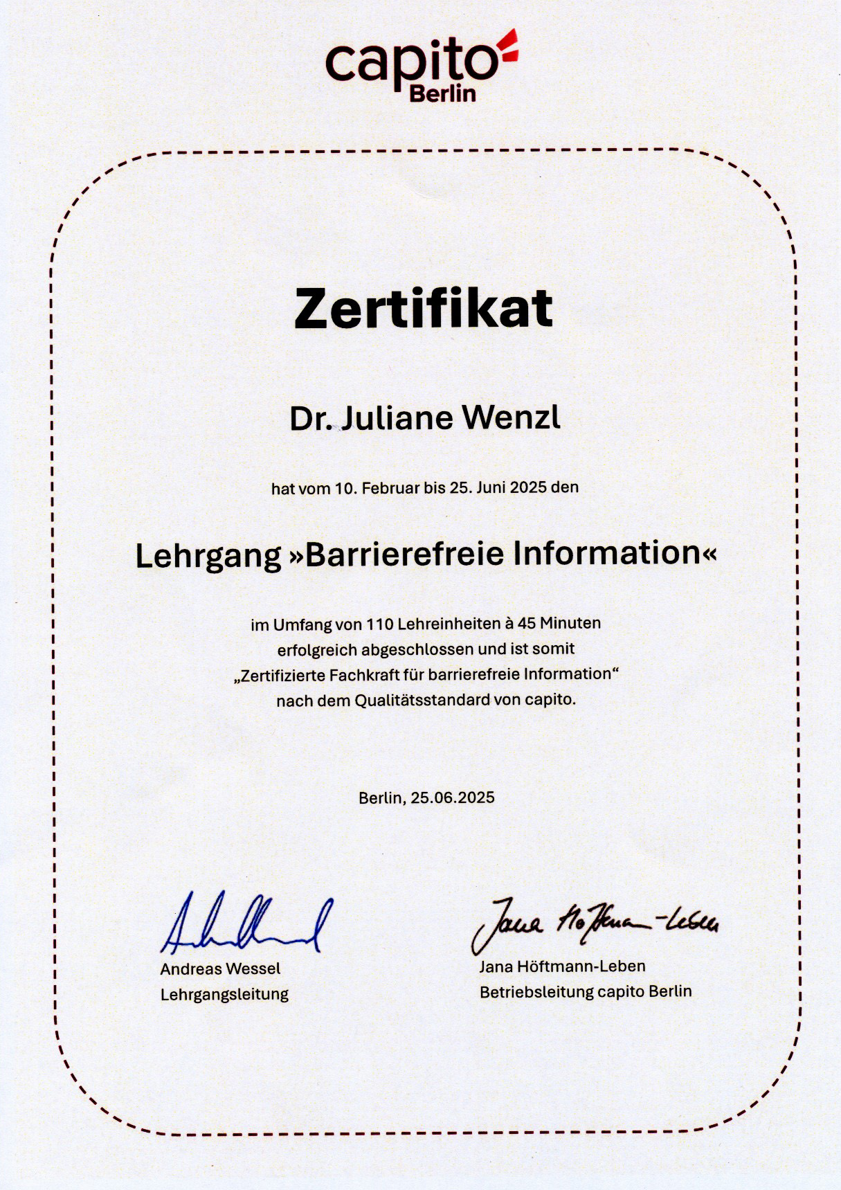Scan des Zertifikats: Lehrgang Barrierefreie Information, vom 25.6.2025